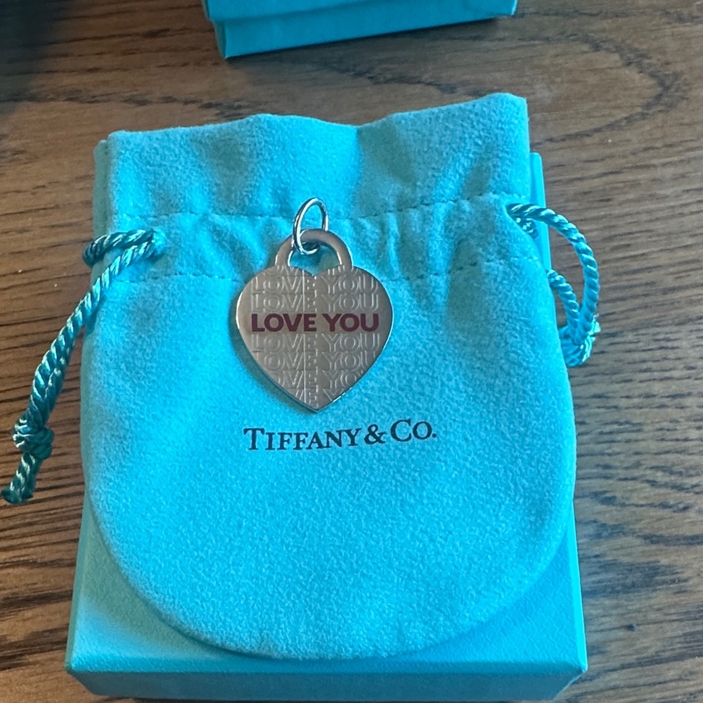 Tiffany & Co. Silver Heart Charm with Red LOVE YOU